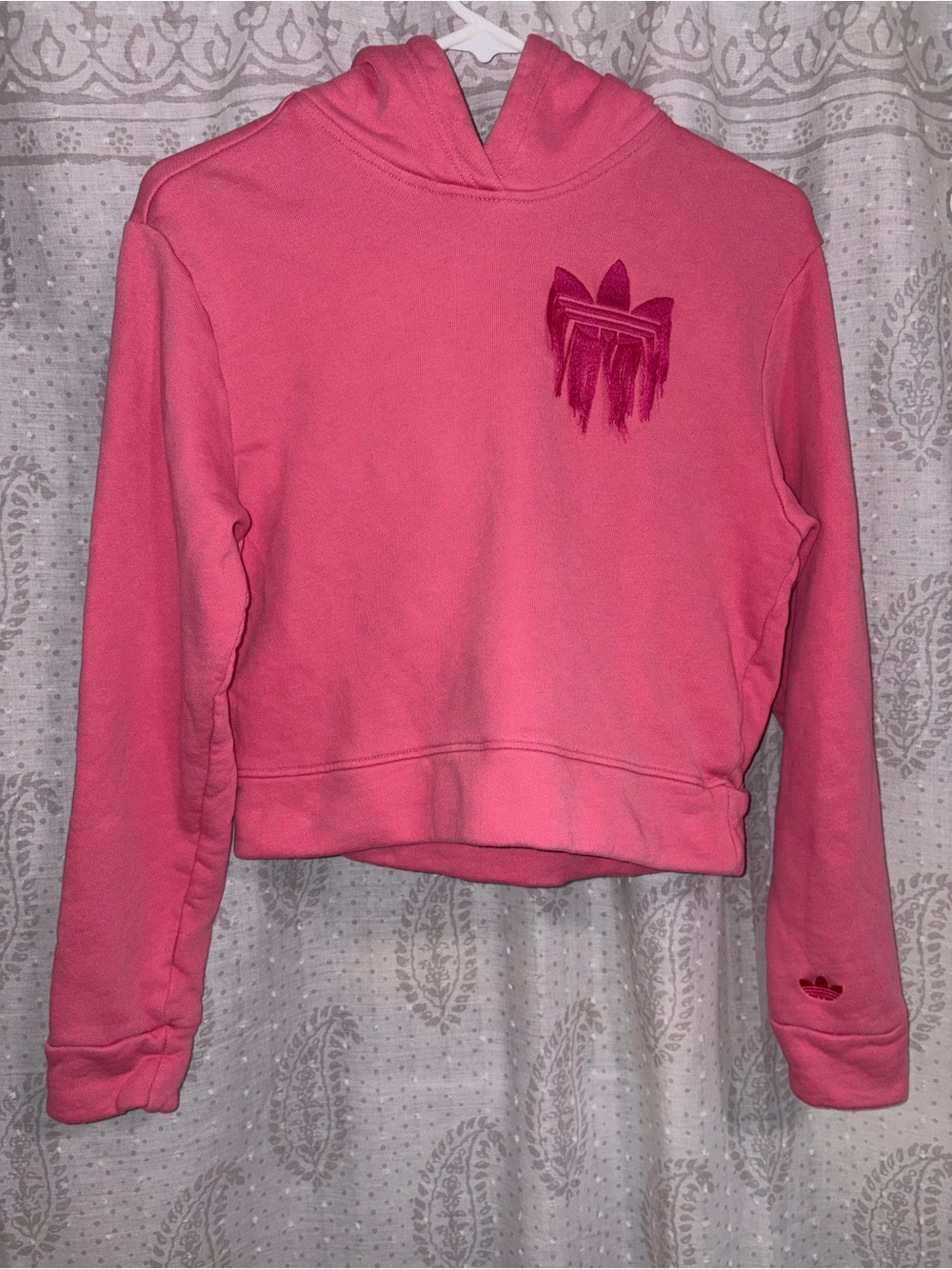 RARE adidas Pink Hooded Cropped Sweatshirt with fringed Trefoil Size XS